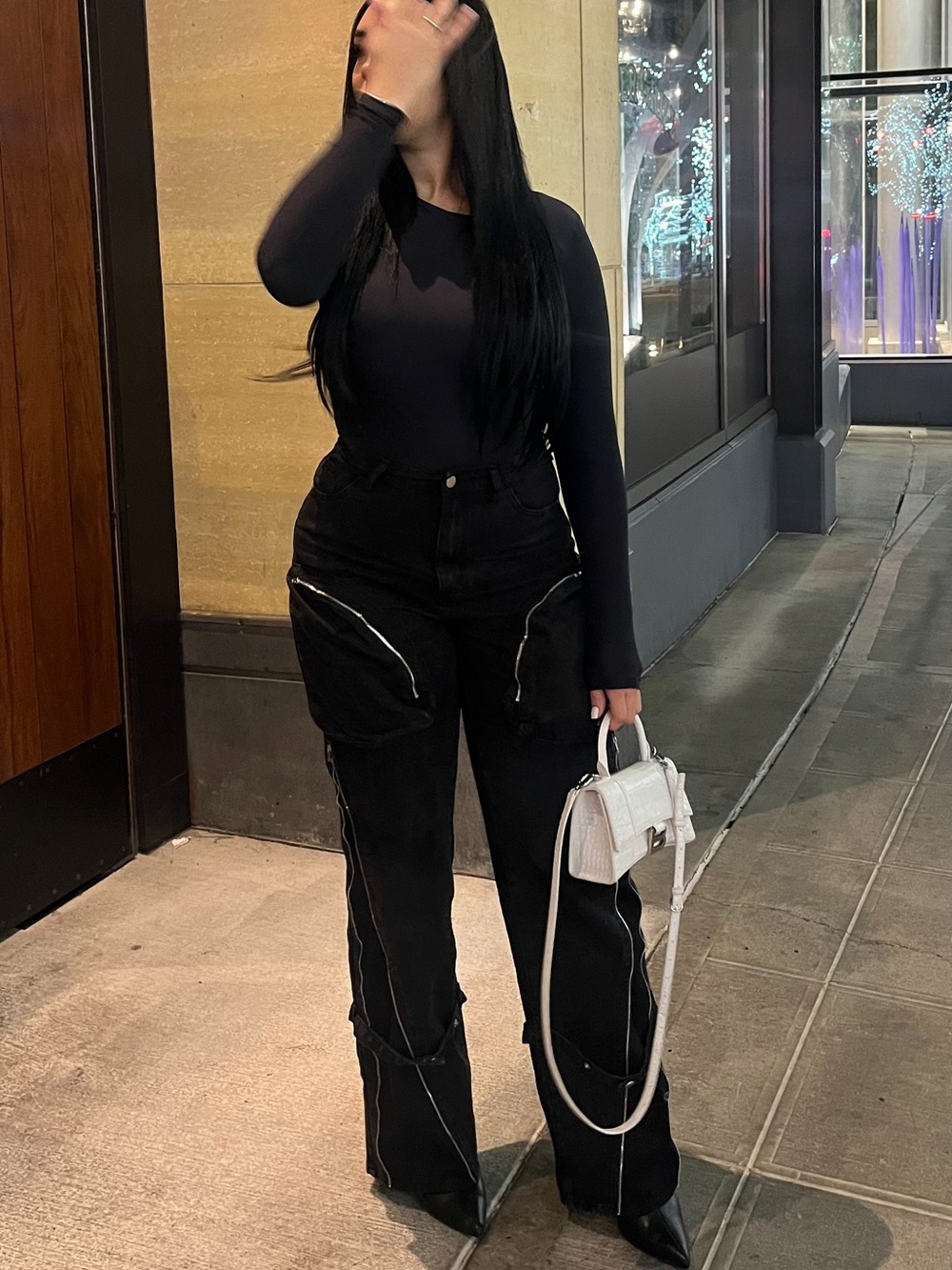 Fashion Nova Black Straight-Leg Cargo Jeans with Zipper Details